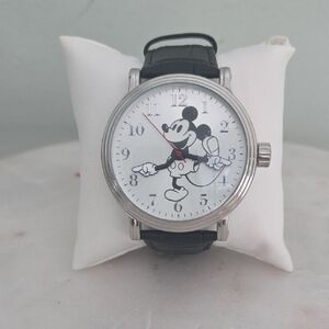 Large Face Mickey Mouse Watch with Black Leather Strap - NEW